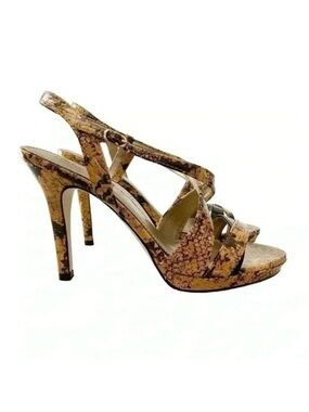 Fioni Strappy High Heel Sandals Snakeskin Tan Brown Faux Leather Size 7.5